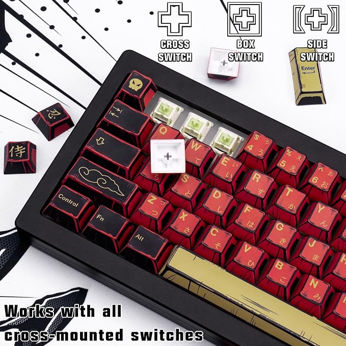 Retro Red Black Anime PBT Keycaps Cherry Profile Key caps, Manga Japanese Theme Keycaps, 5 Side Dye Sublimation 130 Keys Set for Cherry Gateron MX Switches Keyboards (Red Samurai)