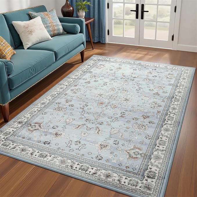Light Blue Washable Boho Area Rug for Bedroom, 3x5 Vintage Floral Non Slip Living Room Rugs, Wool Low Pile Indoor Mat, Aesthetic Pattern Carpet for Kids Room, Kitchen and Bedside