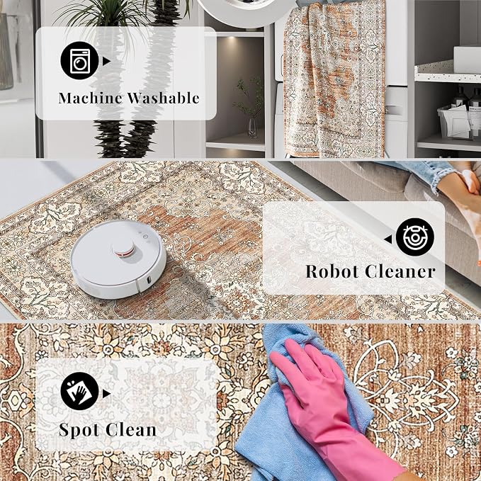 Puino Washable Entryway 2x3 Rug: Small Boho Rugs for Indoor Entrance Non Slip Backing Stain Resistant Carpet Low Pile Throw Rugs for Bedroom Bedside Inside Front Door Floor Kitchen Decor(Brick,2x3FT)