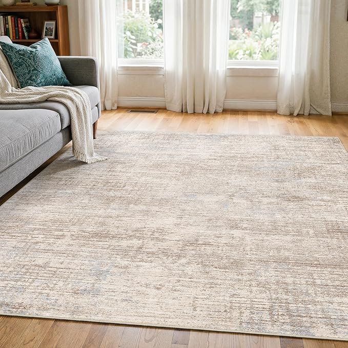 Washable Abstract 5x5 Square Rug: Low Pile Throw Rugs with Non Slip Rubber Backing Stain Resistant Carpet Soft Rugs for Entryway Living Room Bedroom (Ivory Beige Distressed,5x5 Square)