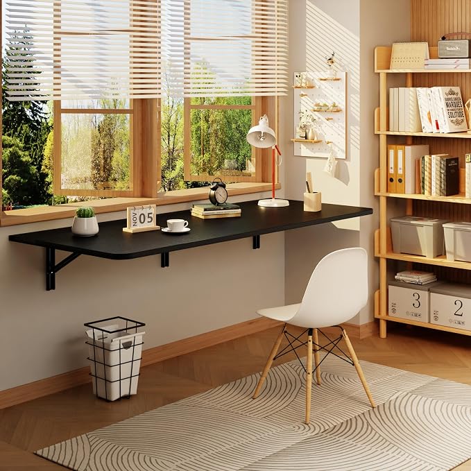 IAE Wall Mounted Floating Foldable Desk, 55" x 22" Folding Computer Workstation Table with Engineered Wood and Metal Shelf Brackets,Fold&Floating Design for Home Office, Apartment,Laundry Room,Black