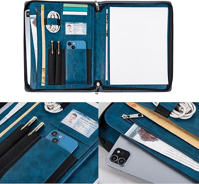 Dark Blue Embossed Portfolio Binder,Padfolio for Men and Women,Vegan PU Leather Padfolio with Zipper,A4 Planner Folder with Laptop Pocket, WorkBinder Organizer for Resume/Interview