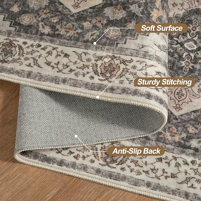 Tangsoo 3x5 Area Rug Vintage Washable Rugs Non Slip, Farmhouse Rugs Indoor Accent Rug Print Distressed Grey Carpet, Soft Low Pile Rug for Living Room Office Bedside Entryway Bedroom