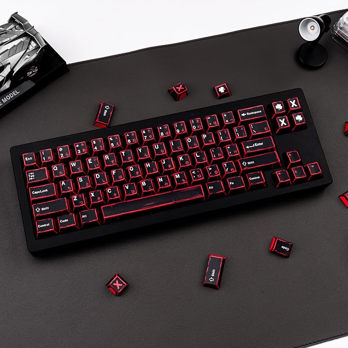 Japanese Manga Keycaps 130 Keys, Custom PBT Black and Red Keycaps, Cherry Profile Dye Sub Keycap Set Fit for 61/64/87/104/108 Cherry MX Switches Mechanical Keyboard
