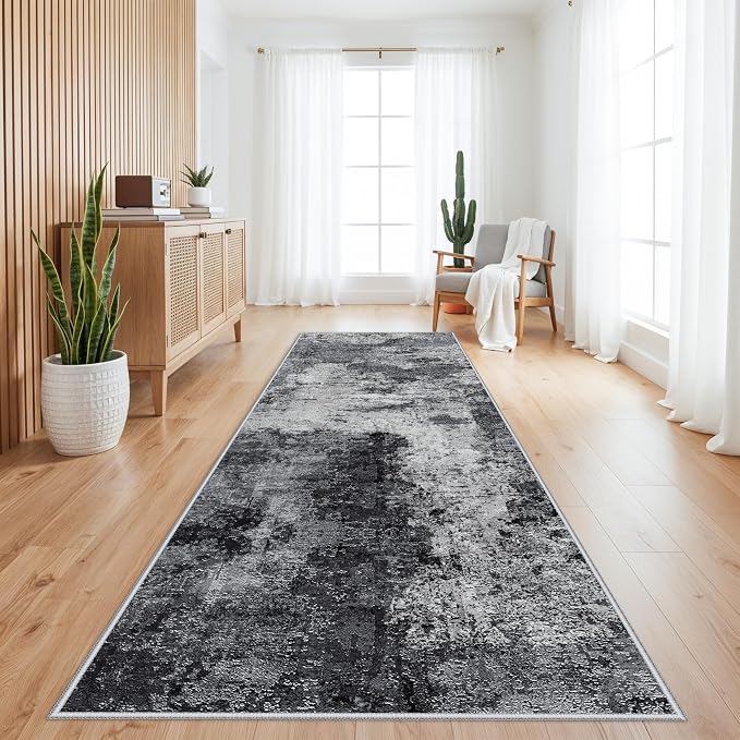 Abstract 3x10 Washable Runner Rug: Indoor Modren Kitchen Carpet with Non-Slip Backing Ultra Thin Low Pile Foldable Rugs Stain Resistant Durable Floor Mat for Bathroom Hallway Laundry 3X10 BlackW