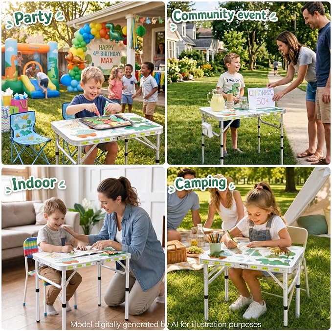 Yriuat Folding Camping Table 2ft Portable Picnic Table Adjustable Height Small Card Table Aluminum Foldable Lightweight with Carry Handle for Outdoor Indoor Hiking Camp BBQ Beach (Jurassic Camp)
