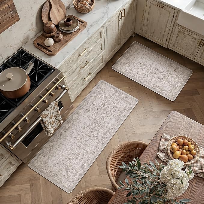 Kitchen Mats 2PCS Anti Fatigue Cushioned Mat Light Brown Vintage Kitchen Mats for Floor Waterproof Non Slip Comfort Standing Retro Floral Rug for Sink Laundry Office 17.3"x47"+17.3"x30"