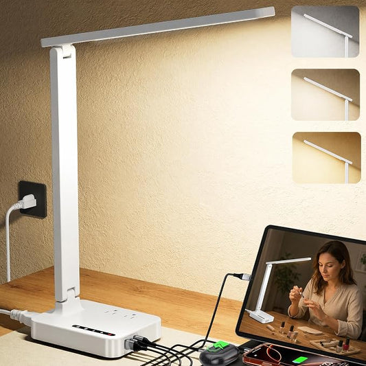 Desk Lamps for Home Office,Modern LED Desk Lamp for Dorm with USB Type C Port 2 AC Power Outlets,3 Lighting Mode,3 Level Brightness,Touch Control/Timer/Eye-Caring Foldable Table Lamp Study Desk Light