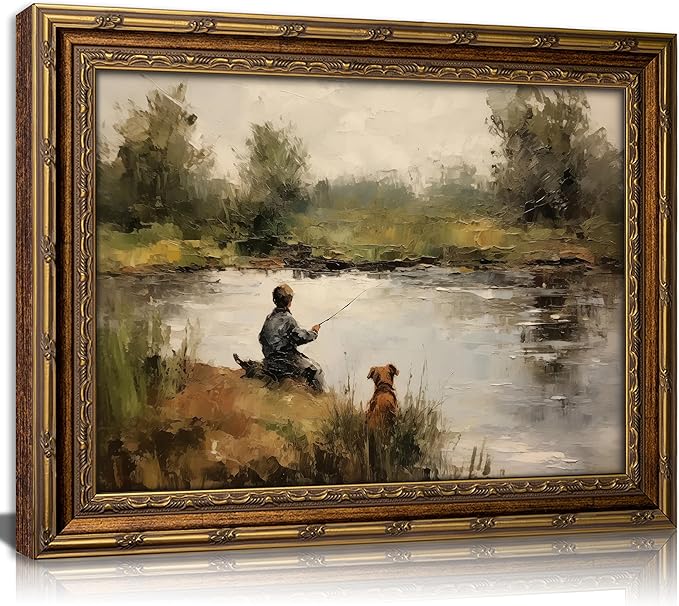 Vintage Gold Framed Wall Art Boy Fishing Country Oil Painting Canvas Prints Peaceful Lake Landscape with Dog Picture Rustic Farmhouse Poster Artwork for Nursery Living Room Bedroom, 16x24in