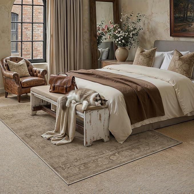 PureCozy Brown Area Rug 6x9 Washable Vintage Living Room Bedroom Carpet Non Slip Soft Low Pile Distressed Medallion Indoor Floor Retro Throw Large Rug for Dining Room Office