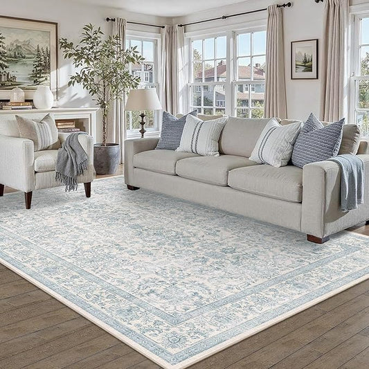 6x9 Blue Washable Area Rugs for Living Room Non Slip Low Pile Vintage Boho Throw Rug Soft Retro Distressed Floral Large Carpet Indoor Farmhouse Decor for Bedroom Dining Room Office Kitchen Playroom