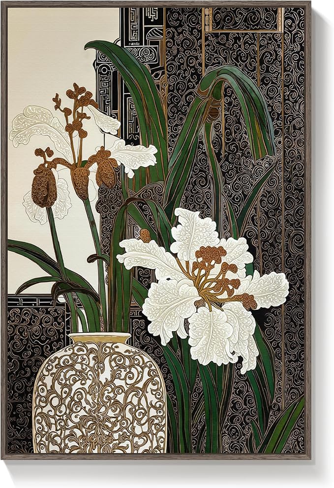 Framed Vertical Vintage Botanical Wall Art, Retro Zen Chinoiserie White Floral Canvas, Antique Asian Chinese Peony Painting Prints for Living Room Bedroom Office Hallway Entryway Wall Decor, 24x36