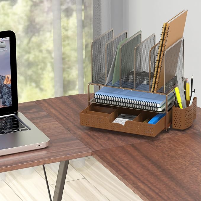 Simple Houseware Mesh Desk Organizer with Sliding Drawer, Double Tray and 5 Upright Sections, Copper