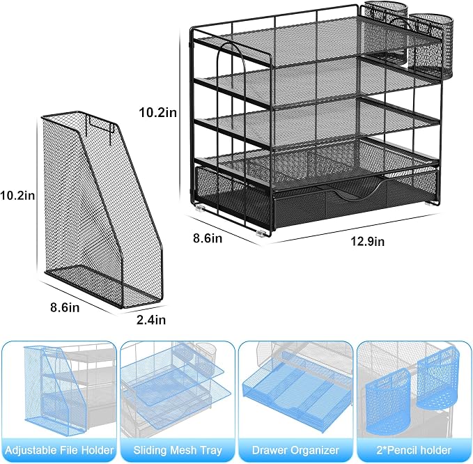 gianotter 5-Tier Desk Organizer with Drawers and File Holders | Letter Trays and Pen Holders - Workspace Accessories for Office Supplies (Black)