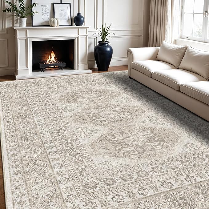 10x12 Area Rug for Living Room: Vintage Oriental Washable Rug for Bedroom Dining Room with Non Slip Rubber Backing Stain Resistant Low Pile Large Carpet Home Office (Beige, 10x12)