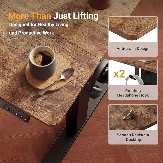 YDN Electric Standing Desk, 35x20 Inch, Rustic Brown | 3 Memory Presets, Cable Management, Adjustable Height, Sit Stand, Space-Saving, Computer Workstation, Home Office