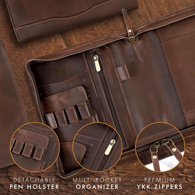 ELIZO Leather A5 Portfolio Padfolio Folio A5 Notebook Journal Cover Planner Binder Small Mens Business Work Folder Organizer (Buff)