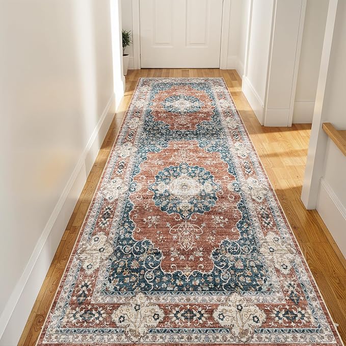 3x8 Washable Hallway Runner Rug:Oriental Indoor Kitchen Rugs Vintage Door Mat Non Slip with Rubber Backing Low Pile Thin Carpet for Bedroom Bathroom Living Room Bedside (3x8 Brick/Blue)