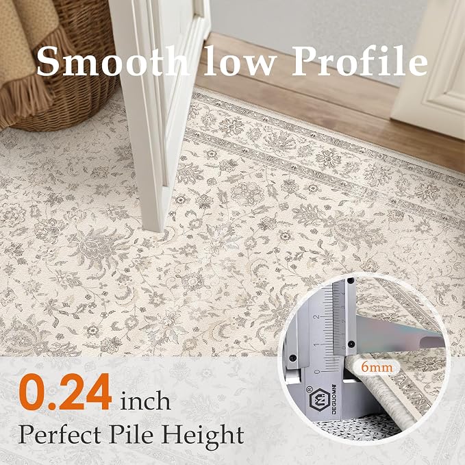 PureCozy 2x6 Runner Rug Beige Washable Hallway Vintage Carpet Kitchen Small Long Non Slip Stain Soft Resistant Low Pile Thin Boho Accent Indoor Throw Rug for Bedroom Laundry Living Room