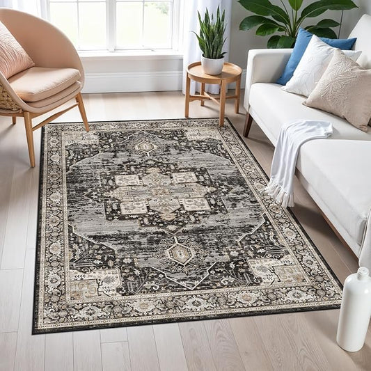 RUUGME Washable Entryway 4x5 Rug- Vintage Area Rug for Living Room Bedroom Kitchen Stain Resistant Carpet Low Pile Ultra-Thin Rugs with Non Slip Backing Home Decor 4X5 Black