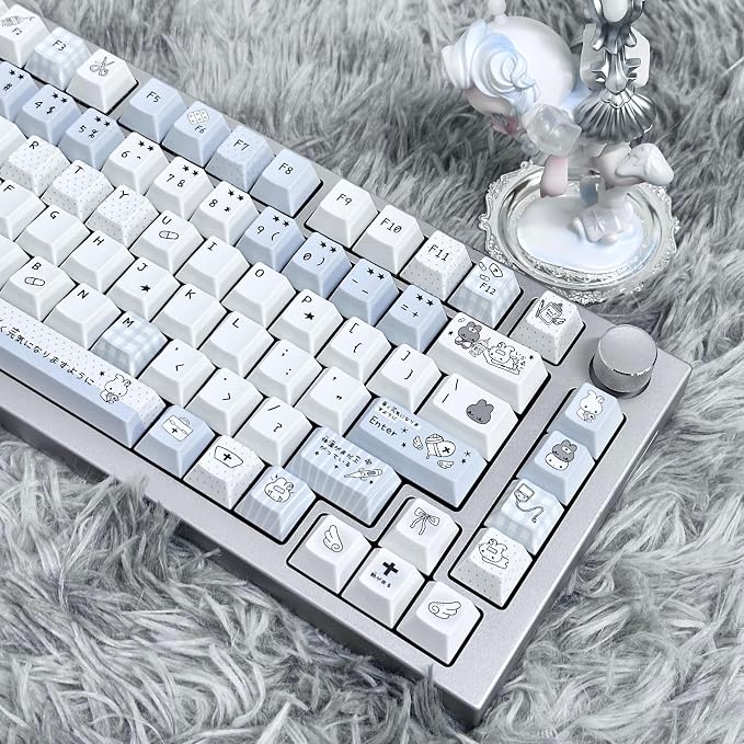 Cute Rabbit Theme Keycaps 140 Keys, PBT Key Cap Set Dye Sublimation, Cherry Profile Blue Keyboard Keycap, Custom Keycaps for Cherry MX Switches Mechanical Gaming Keyboard 60% 75% 100%