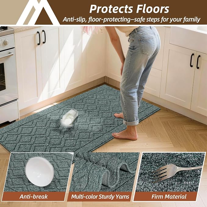 COSY HOMEER Kitchen Rugs Sets 2PCS,Non-Slip Washable Kitchen Mats for Floor,Absorbent and Stain Resistant Kitchen Runner Rugs for Kitchen Sink Laundry Entryway,24"x35"+24"x60",Heather Green