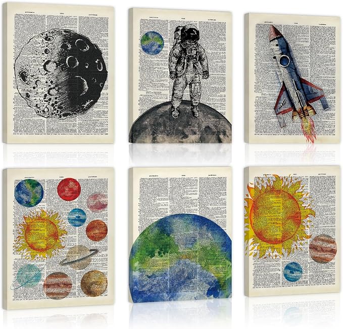 CHDITB Vintage Space Canvas Wall Art, Antique Dictionary Astronaut Decor, Retro Solar System Framed Poster, Celestial Planets Artwork, Outer Space Room Prints For Kids Bedroom Nursery Decor 8”X10”X6