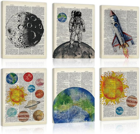 CHDITB Vintage Space Canvas Wall Art, Antique Dictionary Astronaut Decor, Retro Solar System Framed Poster, Celestial Planets Artwork, Outer Space Room Prints For Kids Bedroom Nursery Decor 8”X10”X6