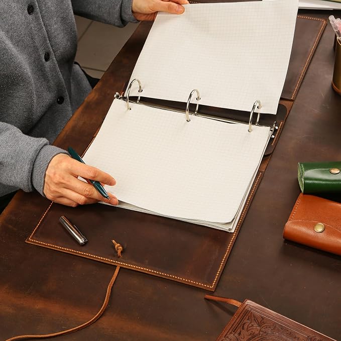 leather 2 inch 3 ring presentation binder portfolio organizer, vintage leather notepad document folder hard cover letter size