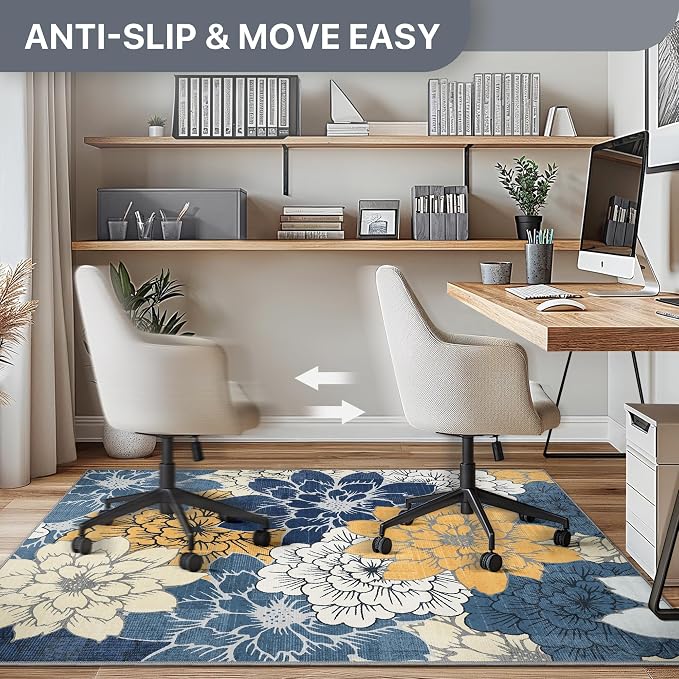 36"x48" Office Chair Mat for Hardwood Tile Floor, Under Desk Carpet Protector for Rolling Computer Chair Mat, Machine Washable Area Rug, Anti-Slip 1/5" Thick Low Pile Thin Vinyl Floor Mat, Navy Yellow
