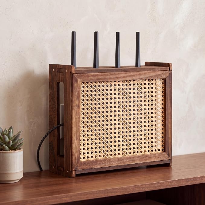 Wi-Fi Router Box Hider, Wi-Fi Router Storage Box with Synthetic Rattan Decor, Modem Cable Cover Organized, Power Strip Cable Hider Rack(Dark Wood Color,15.8 x 5.5 x 13.4 Inches,Wood)