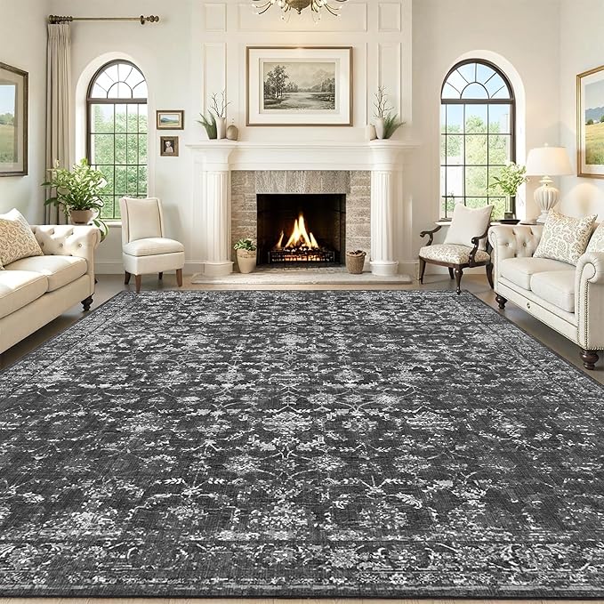 10x12 Black Washable Area Rugs for Living Room Vintage Boho Non Slip Large Rug Distressed Floral Carpet Indoor Retro Soft Low Pile Farmhouse Throw Rug for Bedroom Dining Nursery Office