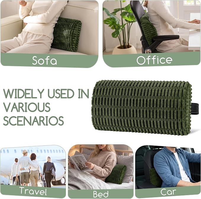 Lumbar Support Pillow for Recliner Chair/Office Chair/Couch, Memory Foam Back Support Cushion with Adjustable Strap, Recliner Cushions for Lower Back Pain Relief, Sleeping, Washable Cover, Dark Green