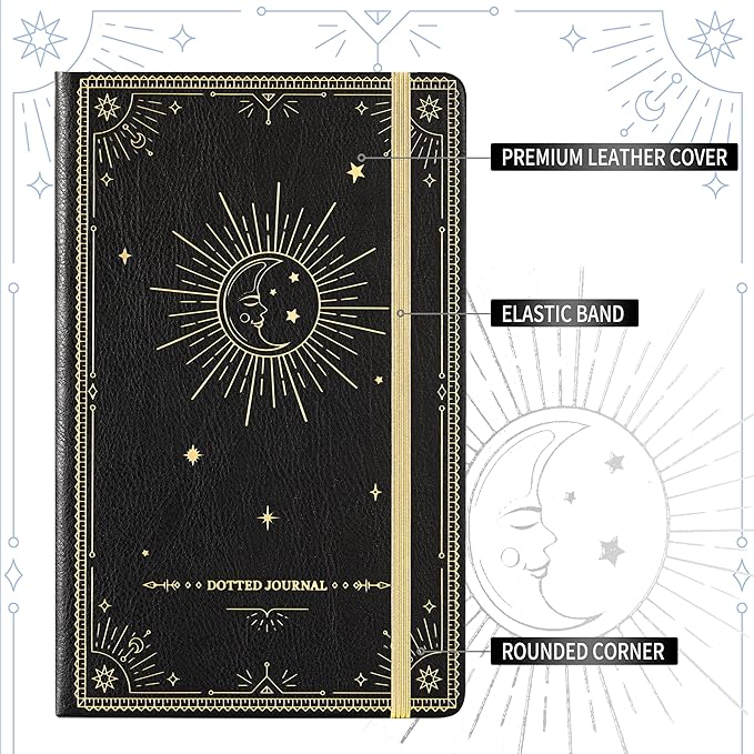 Artfan Dotted Journal/Notebook - Dot Grid Hard Cover Notebook, Premium Thick Paper with Fine Inner Pocket, Black Smooth Faux Leather, Pen Loop, 5.8''×8.4'' - Black