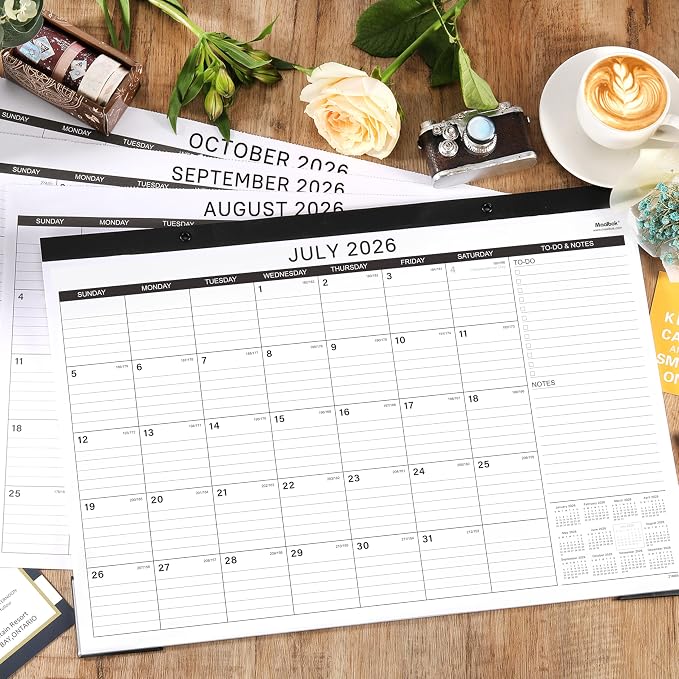 Desk Calendar 2026-2027 - 18 Months Desk Calendar 2026-2027, Jul 2026 - Dec 2027, 2026-2027 Calendar with 17" x 12" Thick Paper, Twin-Wire Binding & Hanger, Julian Dates