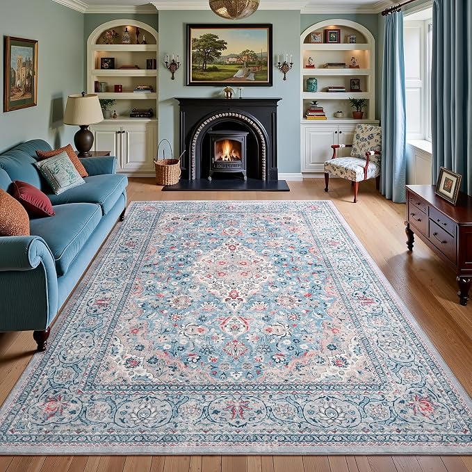 5x7 Blue Washable Boho Area Rug for Bedroom, Vintage Floral Non Slip Living Room Rugs, Soft Low Pile Indoor Mat, Aesthetic Pattern Carpet for Kitchen and Dining Room