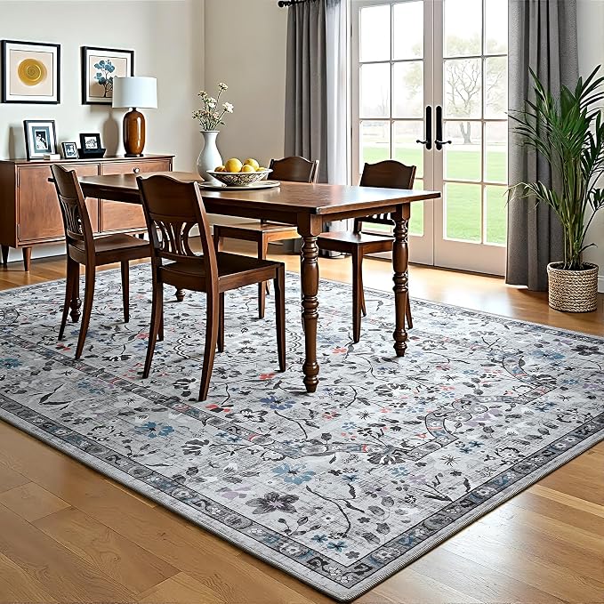 Vasofe 6x9 Area Rug for Living Room, Washable Rugs for Bedroom Room, Dining Room, Vintage Floral Indoor Non Slip Carpet Farmhouse Grey Throw Carpets Soft Low Pile Mat for Classroom Playroom
