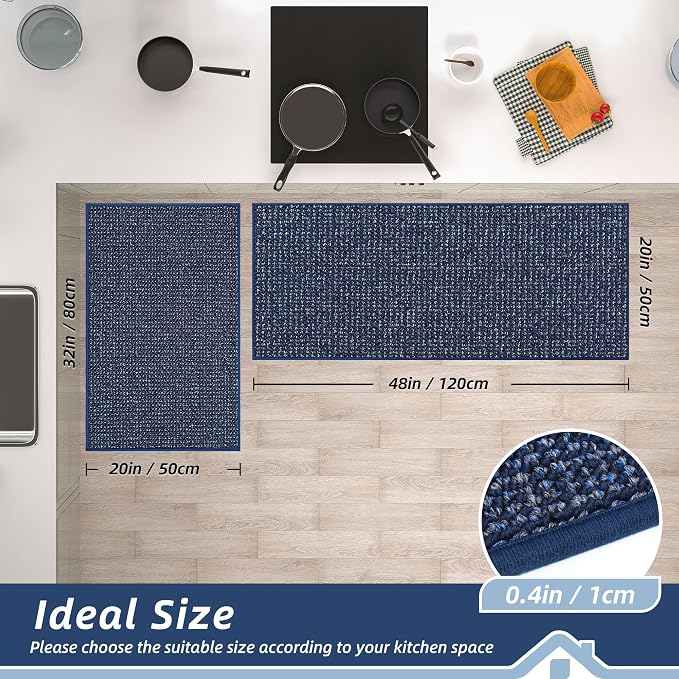 BEQHAUSE Kitchen Rugs and Mats 2PCS, Non-Slip Kitchen Mats for Floor, Absorbent and Stain Resistant Kitchen Runner, Machine Washable Rugs for Kitchen, Laundry & Sink, 20"x32"+20"x48", Blue