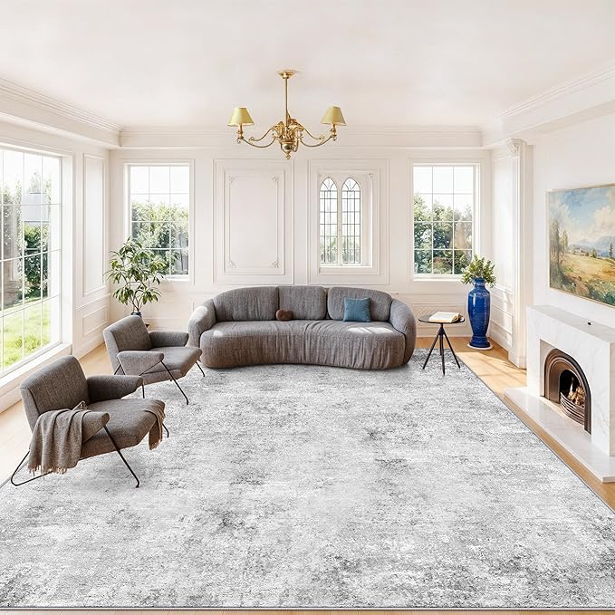 Large Rugs for Living Room 12x18: Soft Washable Rug for Bedroom Thin Stain Resistant Carpet for Dining Room Non-Slip Indoor Floor Mat for Villa Great Rooms/Executive Conference Rooms/Clubs 12x18 Grey