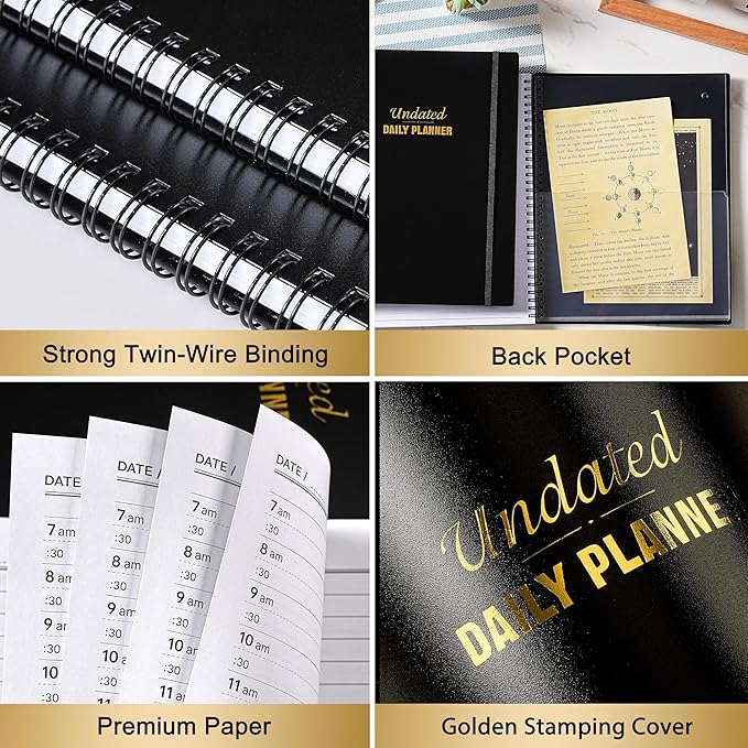 Daily Planner - 9'' x 11'' Notebook with Hourly Schedule, Undated Workbook to Record Your Appointments, 208 Pages, Elastic Closure, Inner Pocket