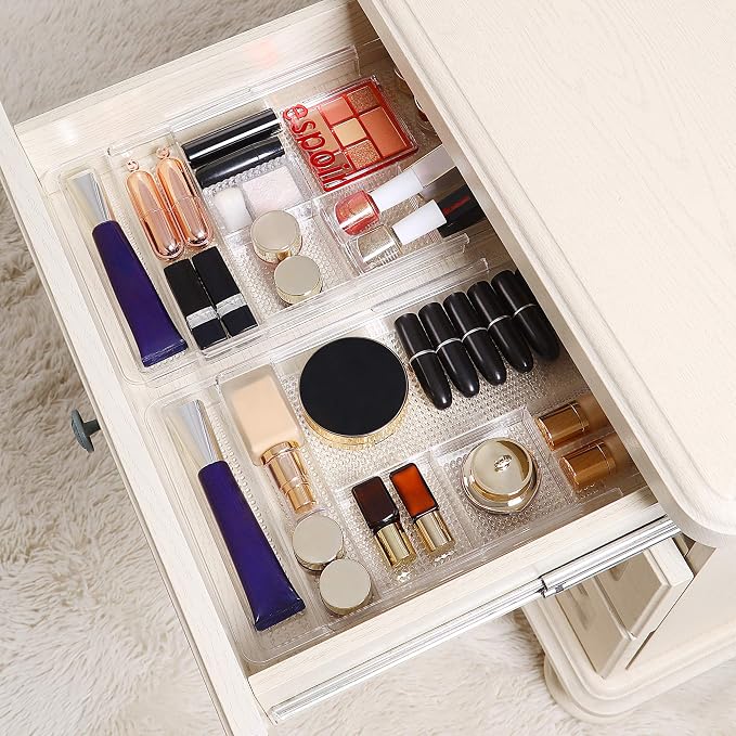 Oubonun Expandable Drawer Organizer 11.1” to 19.2” Width, Shallow Cosmetic Organizer 1.3” Height, 2 Packs, Clear Plastic Storage Trays for Dressing Table,Bathroom
