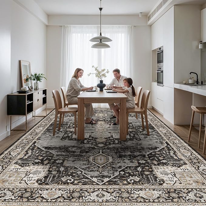 RUUGME Washable 11x15 Area Rug - Large Vintage Rugs with Non Slip Rubber Backing Stain Resistant Carpet for Bedroom Dining Room Indoor Soft Carpets Home Decor Decoration Mat 11X15 Black