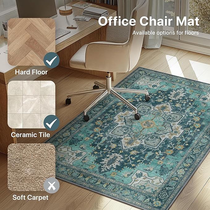 36"x48" Office Chair Mat for Hardwood Tile Floor, Under Desk Carpet Protector for Rolling Computer Chair Mat, Machine Washable Area Rug, Anti-Slip 1/5" Thick Low Pile Thin Vinyl Floor Mat, Turquoise
