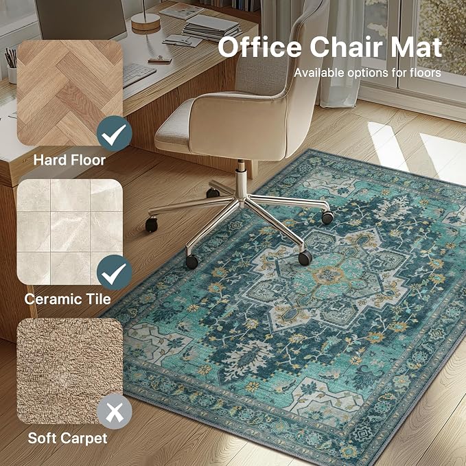 48"x72" Office Chair Mat for Hardwood Tile Floor, Under Desk Carpet Protector for Rolling Computer Chair Mat, Machine Washable Area Rug, Anti-Slip 1/5" Thick Low Pile Thin Vinyl Floor Mat, Turquoise