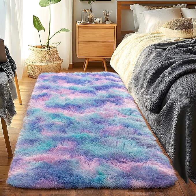 Runner Rugs for Bedroom 2x6 Rug Runners for Hallways Non Slip Soft Shag Bedside Rug, Fluffy Area Rug Throw Rugs for Living Room, Floor Carpet Runner for Nursery Kids Dorm, Rainbow Purple