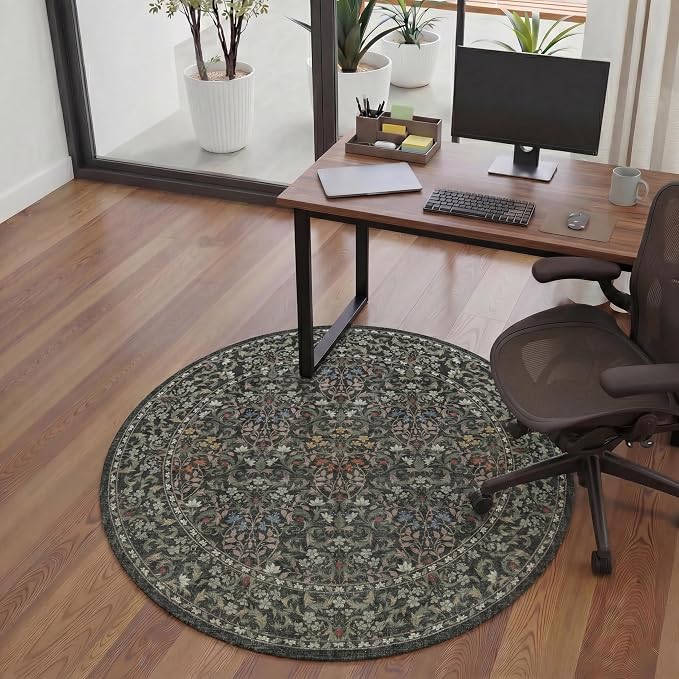 Office Chair Mat for Hardwood Tile Floor, Under Desk Carpet Protector for Rolling Computer Chair Mat, Round Washable Rugs 5ft Circle Area Rug, Anti-Slip 1/5" Thick Low Pile Thin Floor Mat, Moss Green