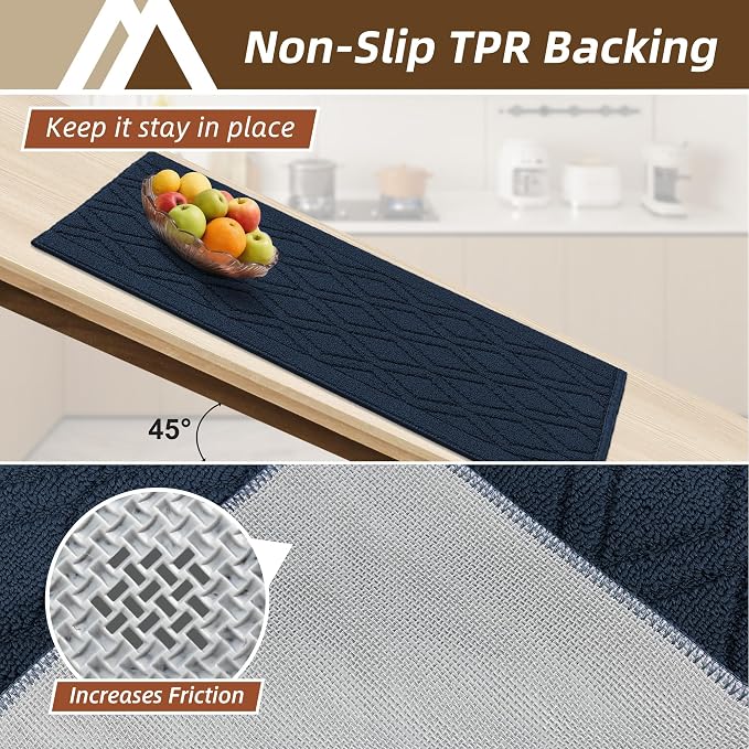 COSY HOMEER 60x24Inch/35X24Inch Kitchen Rugs Sets Non-Slip Washable Kitchen Mats for Floor Polypropylene Absorbent Kitchen Runner for Kitchen Sink Hallway Entryway(Navy Blue)