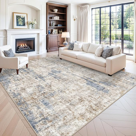 10x10 ft Square Living Room Rug – Washable Modern Abstract Area Rug for Bedroom, Dining Room, Playroom – Neutral Non-Slip Low-Pile Thin Indoor Carpet（Blue Brown）
