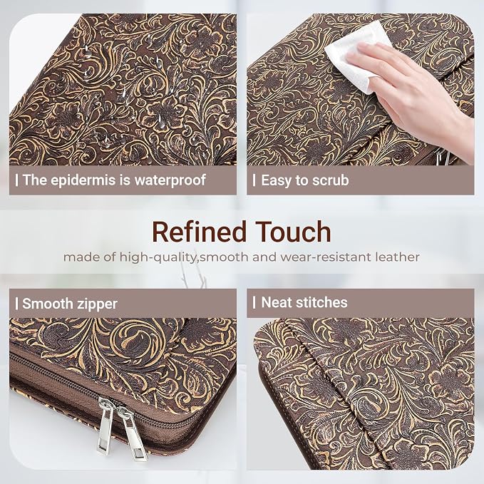 Western Vintage Floral Embossed Faux Leather Zippered Padfolio with 3 Ring Binder, Executive Portfolio Organizer Binder for Women, Fits 13.9" Laptop/Tablet, Refillable Writing Pad Pocket