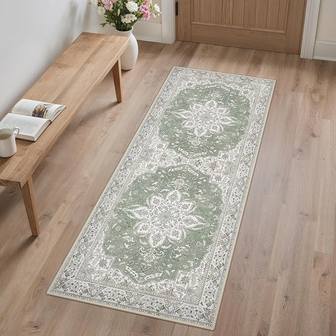 GENIMO Kitchen Rug Sets of 2, Non-Slip Washable Low-Pile Kitchen Mats for Floor, Waterproof Kitchen Runner Rug, for Hallway, Laundry, Sink, Entryway, Bathroom, 20"x32"+20"x48", Green
